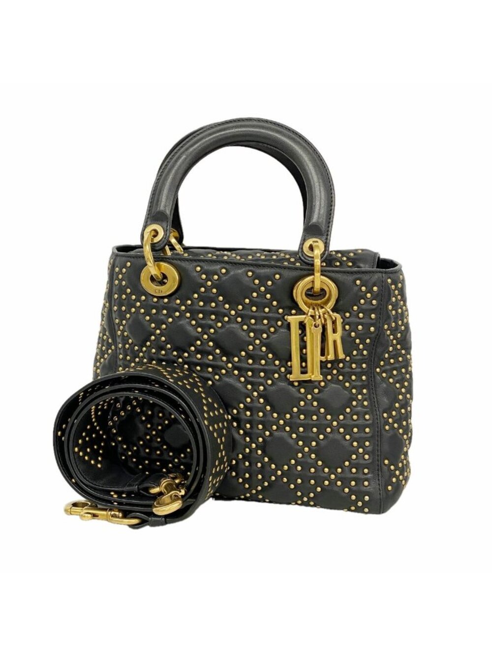 Dior Handbag Cannage Lady Leather Black Gold 2-Way Bag